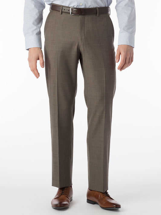 A man wearing Ballin Soho Comfort 'EZE' Sharkskin Modern Flat Front Pant in Light Brown, made of worsted wool fabric, featuring Comfort "EZE" construction for maximum comfort.