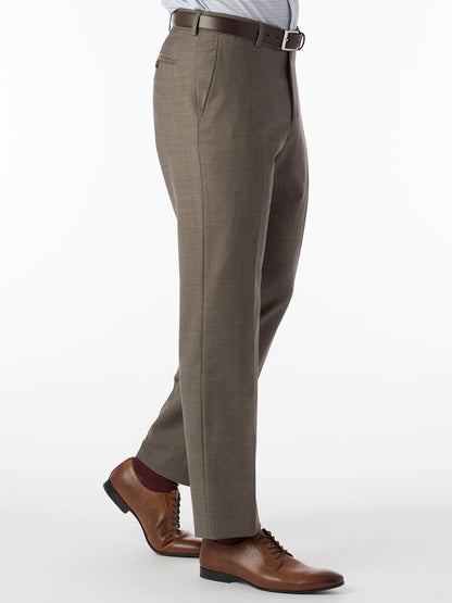 A man wearing Ballin Soho Comfort 'EZE' Sharkskin Modern Flat Front Pant in Light Brown hybrid dress pants with worsted wool material.