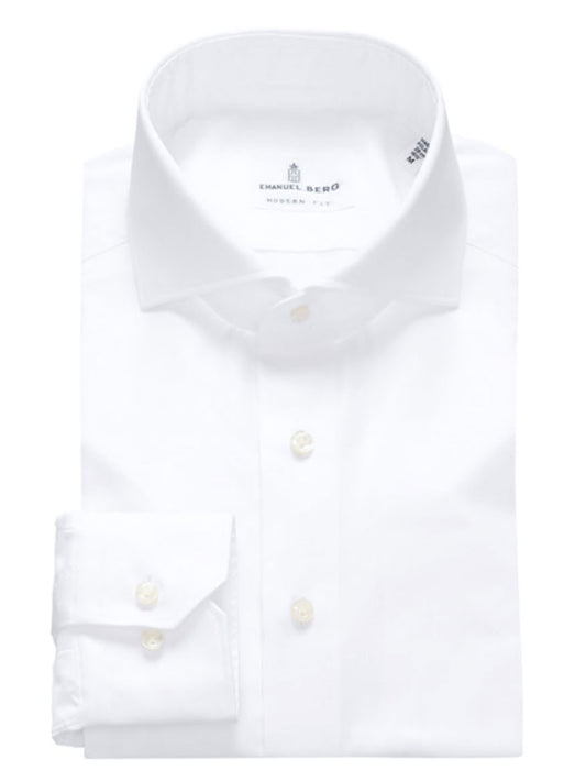 Emanuel Berg Modern Fit Dress Shirt in White with cutaway collar folded neatly on a plain background.