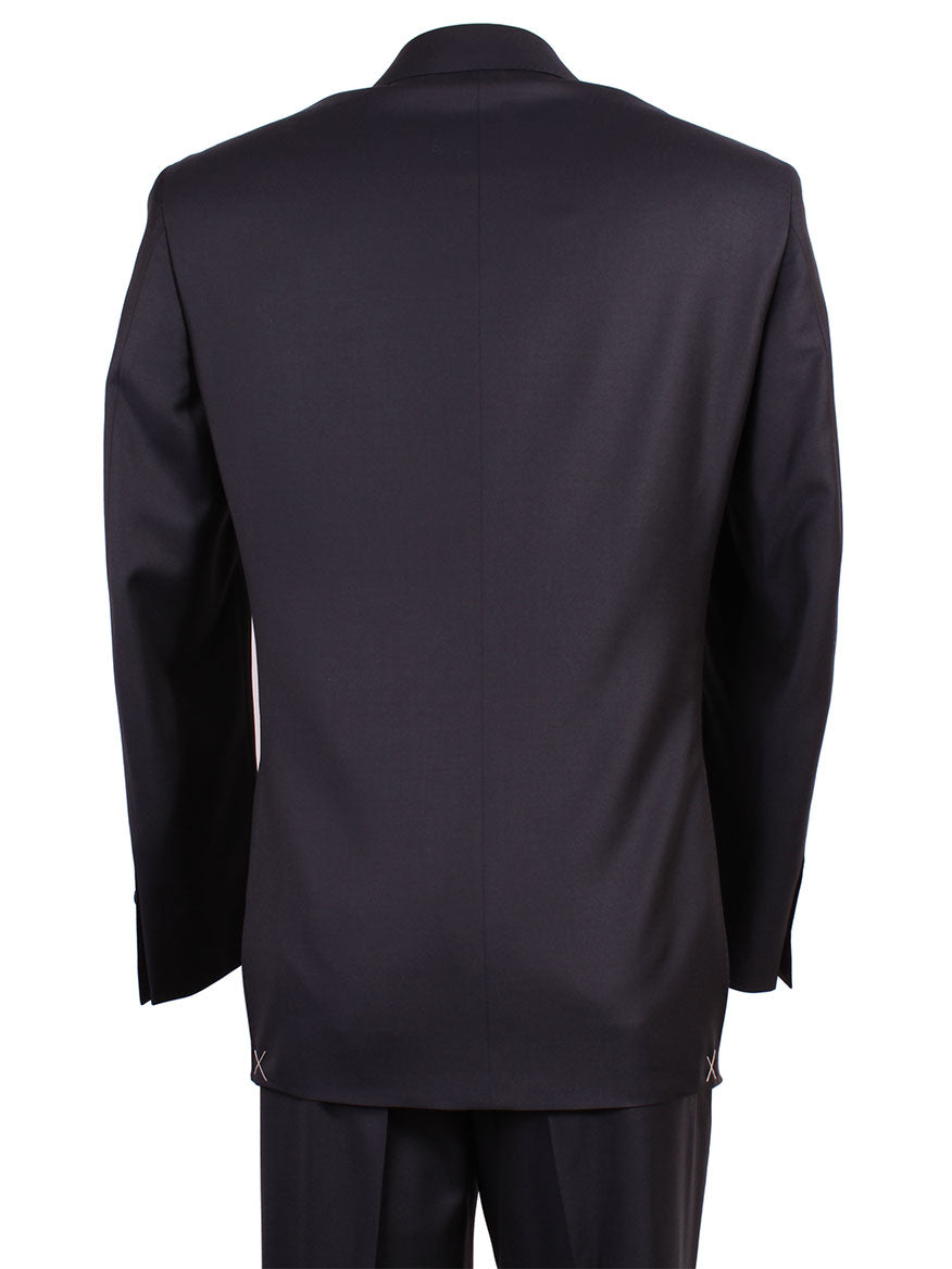 Rear view of a black formal suit jacket worn by a person, showing a single back vent and notch lapel. This Canali Contemporary Fit Suit in Navy, made in Italy, exudes sophistication against the plain white background.