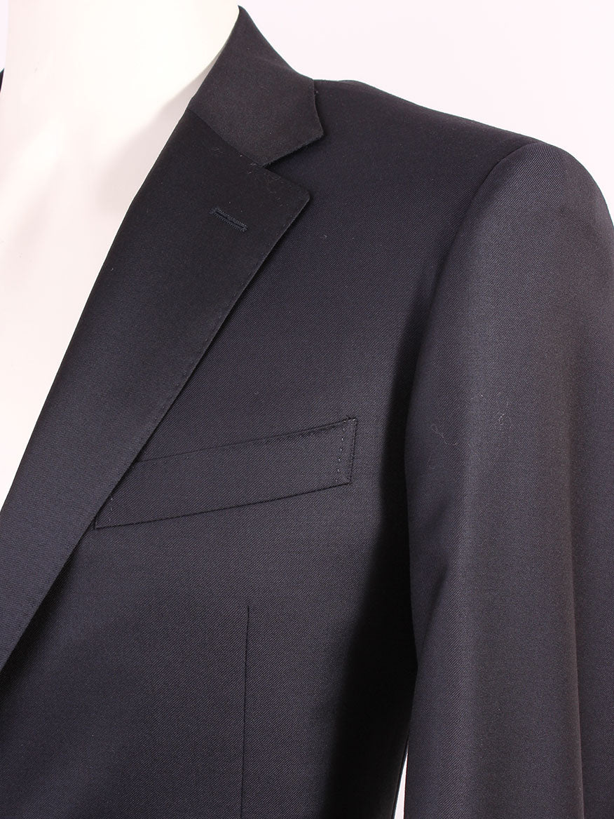 Close-up of a black, contemporary fit blazer on a white mannequin, showcasing the lapel, pocket, and shoulder details. This elegant piece is part of the Canali Contemporary Fit Suit in Navy collection made in Italy.