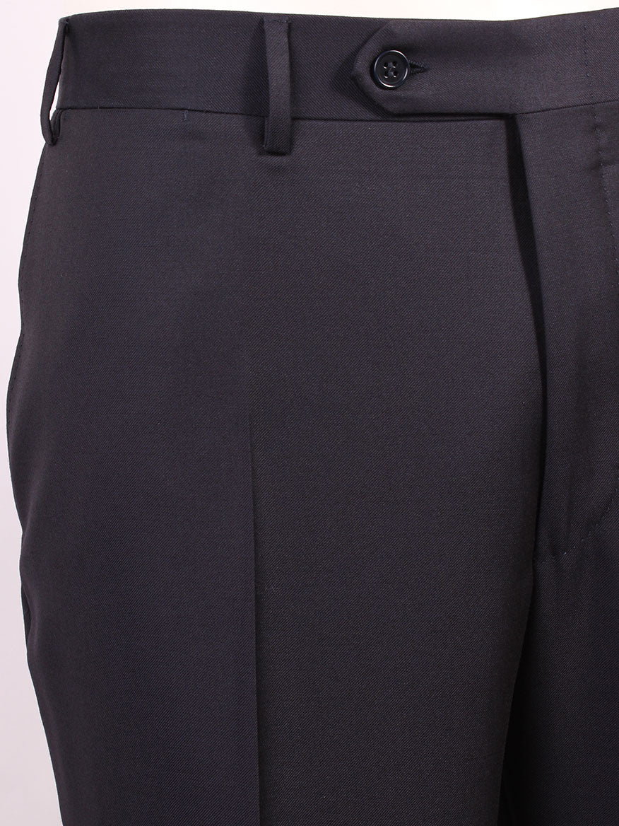 Close-up of the waistband and fly area of a Canali Contemporary Fit Suit in Navy, featuring a single button closure and belt loops, designed with a contemporary fit.