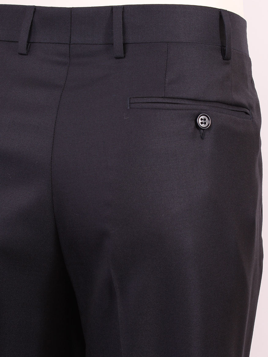 Close-up view of the back of Canali Contemporary Fit Suit in Navy featuring a single buttoned pocket and belt loops, crafted with a contemporary fit.