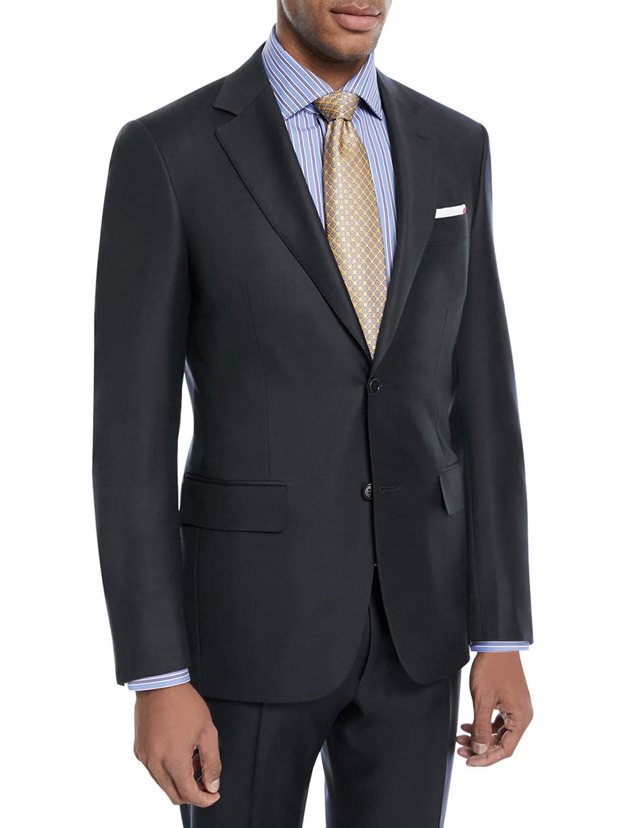 A person wearing a Canali Contemporary Fit Suit in Navy with a blue striped shirt and a yellow tie. Only the upper body is visible, with hands down by the sides.
