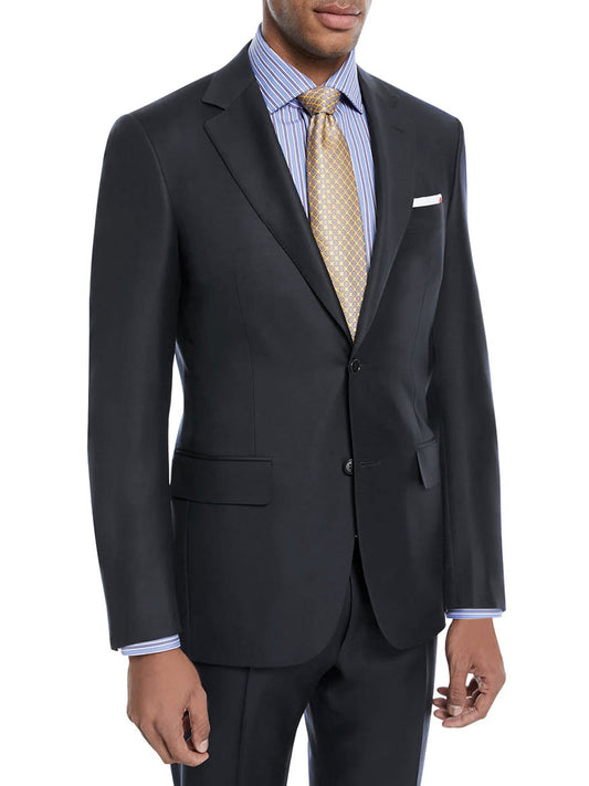 A person wearing a Canali Contemporary Fit Suit in Navy with a blue striped shirt and a yellow tie. Only the upper body is visible, with hands down by the sides.