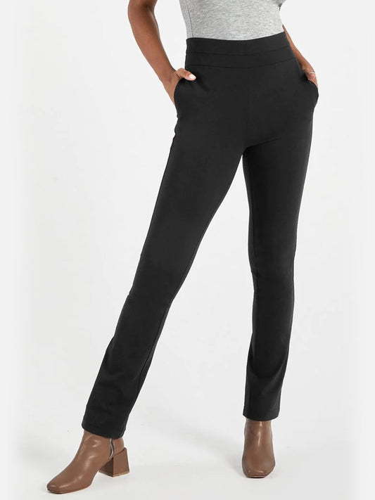 A woman wearing new black pants with a seamed waistband as part of Capsule 121 Pisces Pant in Black.