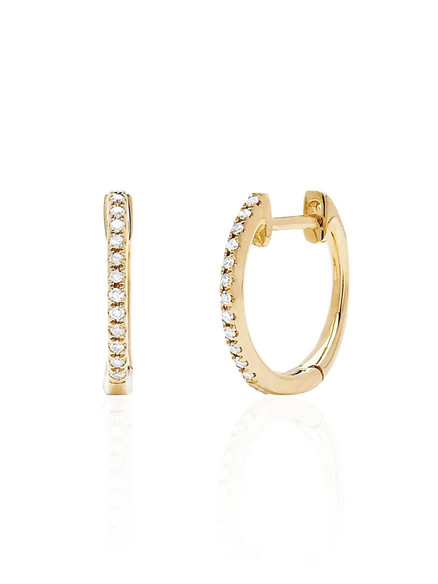 A pair of EF Collection Diamond Huggie Earrings in Yellow Gold, each adorned with a row of small, clear diamonds along the outer surface.