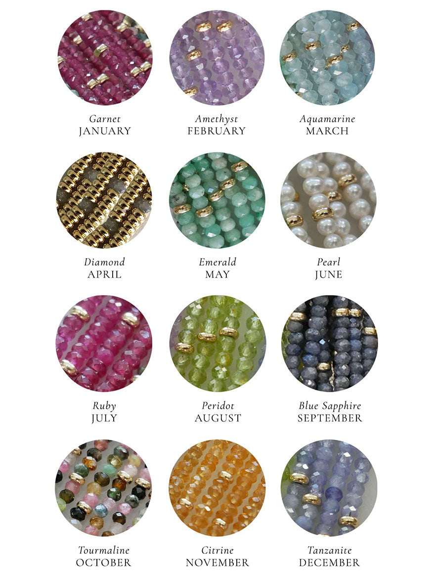 The image showcases the EF Collection Birthstone Bracelet with Gold Rondelles, featuring natural stones for each month: Garnet (January), Amethyst (February), Aquamarine (March), Diamond (April), Emerald (May), Pearl (June), Ruby (July), Peridot (August), Blue Sapphire (September), Tourmaline (October), Citrine (November), and Tanzanite (December).