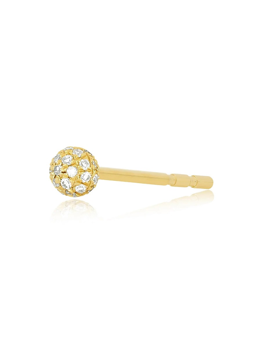 Introducing our EF Collection Disco Ball Stud Earring in Yellow Gold: a single gold stud featuring a mesmerizing spherical cluster of pavé diamonds set against a pristine white background.