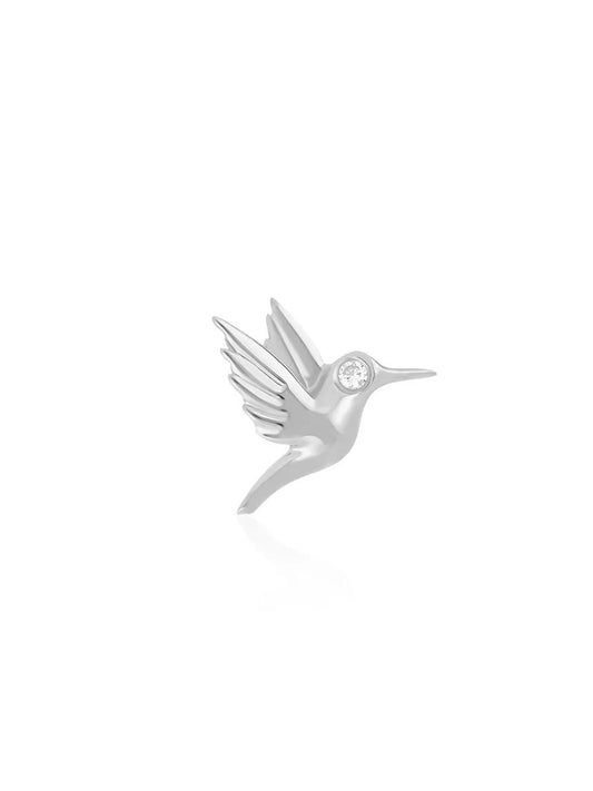 EF Collection Mini Hummingbird Stud Earring in White Gold, featuring a small round gemstone on the bird's body and diamond eye, secured with butterfly backings for a delicate touch.