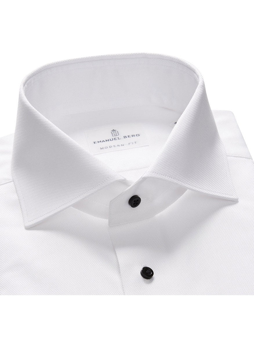 Close-up of a textured Emanuel Berg Formal Dress Shirt in White James Bond Collar, wrinkle-resistant with black buttons.