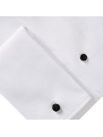 Close-up of a textured Emanuel Berg formal dress shirt collar with two black buttons, featuring a wrinkle-resistant James Bond collar.