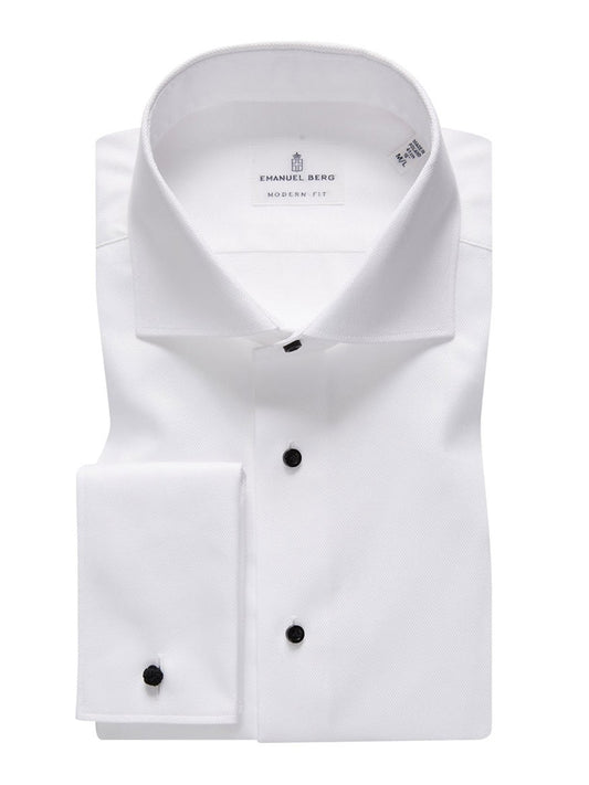 A neatly folded Emanuel Berg Formal Dress Shirt in White James Bond Collar with black buttons displayed against a plain background.