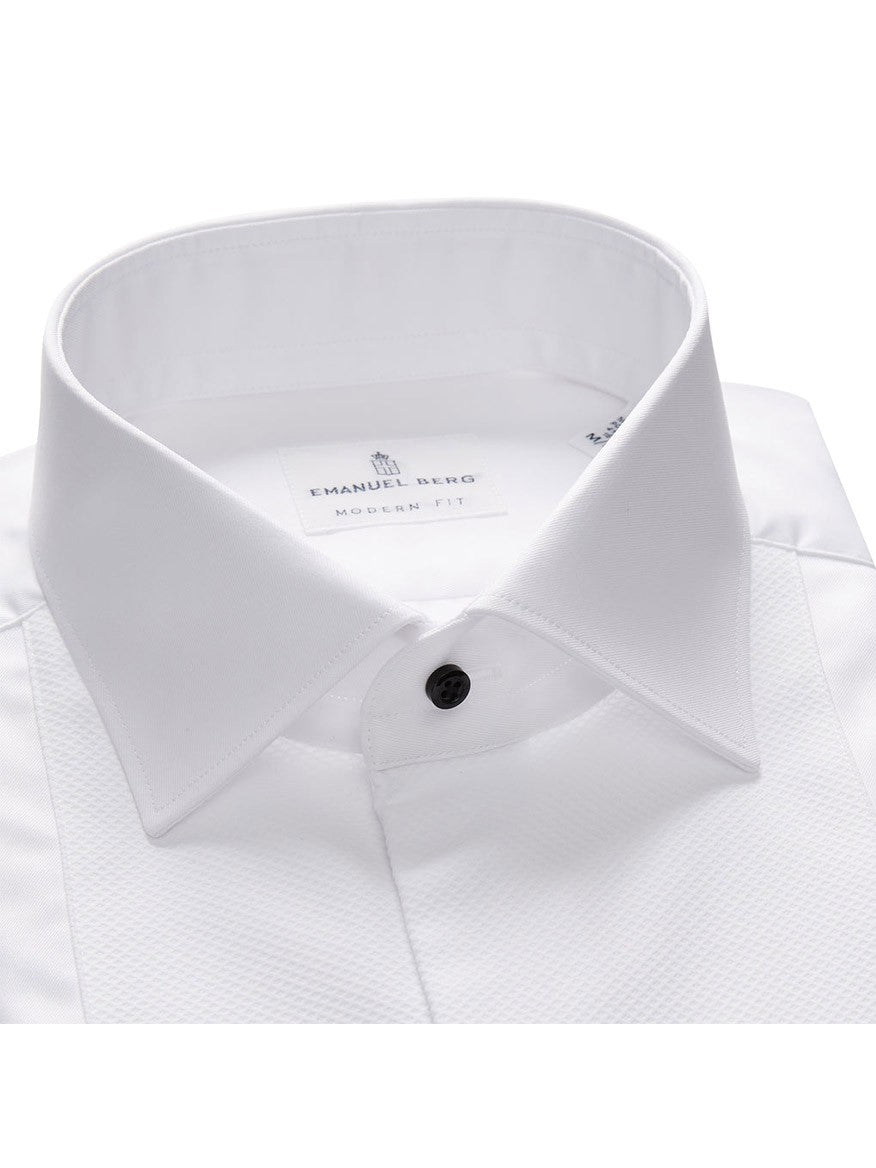 Close-up of the Emanuel Berg Formal Dress Shirt in White featuring a Mr. Crown collar with a black button and a spread collar design. The inner collar label displays the brand name "Emanuel Berg" and "Modern Fit." This wrinkle-resistant shirt also showcases elegant French cuffs, adding an extra touch of sophistication.