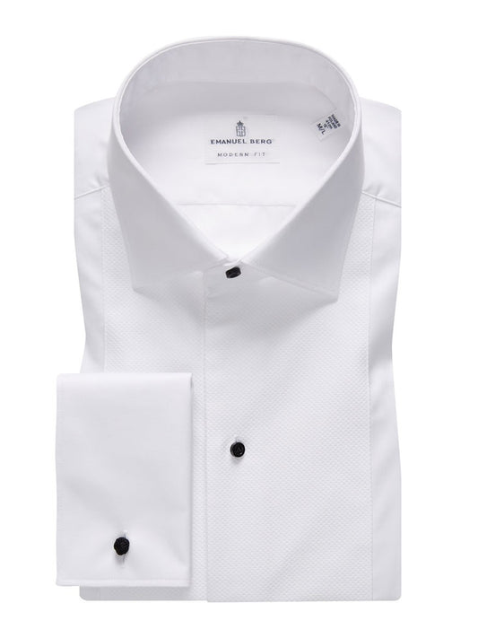 A folded Emanuel Berg Formal Dress Shirt in white, featuring a Mr. Crown collar, French cuffs, and black buttons, with the "Emanuel Berg Modern Fit" label. This wrinkle-resistant formal dress shirt is both stylish and practical.