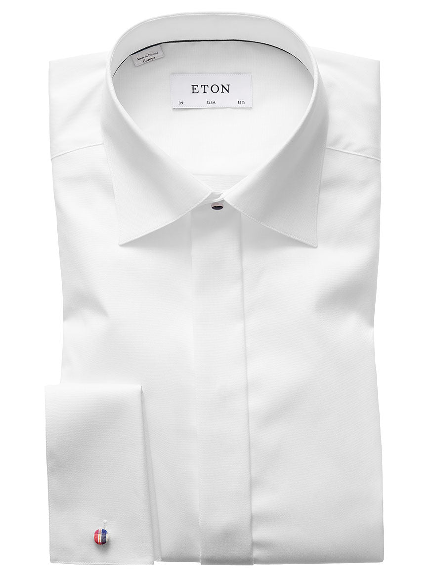 Eton Slim Fit White Twill Evening Shirt with a cutaway collar and French cuffs displayed flat, featuring the brand label "eton" on the collar.