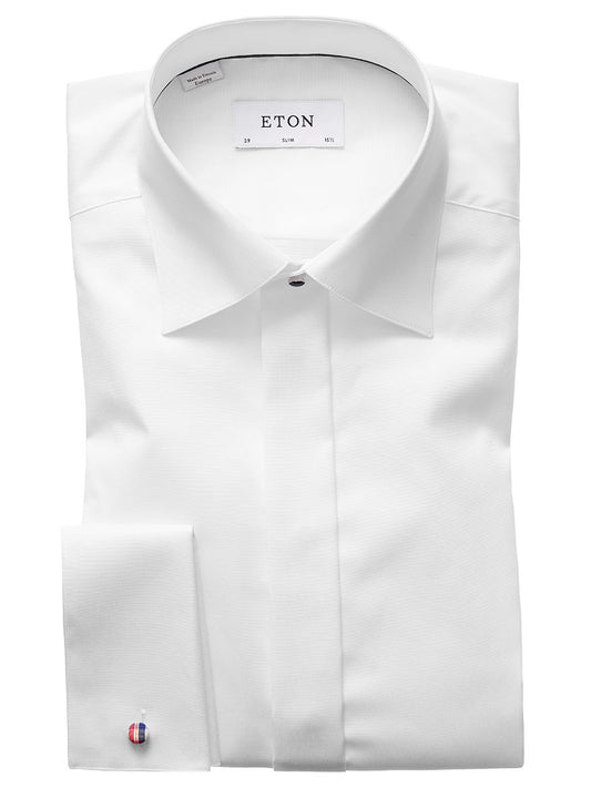 Eton Slim Fit White Twill Evening Shirt with a cutaway collar and French cuffs displayed flat, featuring the brand label "eton" on the collar.