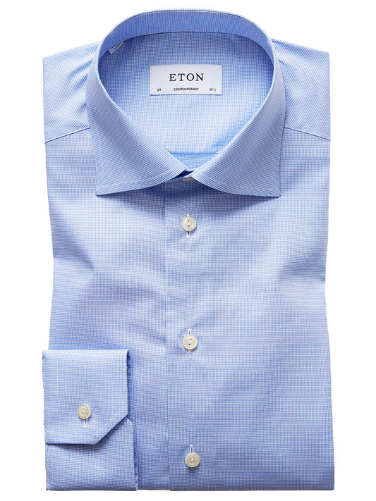 Eton Contemporary Fit Light Blue Houndstooth Dress Shirt with a cutaway collar and single-button cuffs.