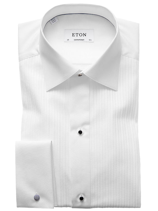 An Eton Contemporary Fit Plissé Black Tie Dress Shirt, featuring a neatly folded white design with a pleated front and black buttons, perfect for formal black-tie outfits, is displayed.