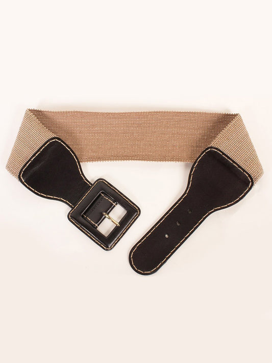 A beige (ecru) Gavazzeni Camelia Black Elastic Belt with a black faux leather front buckle lying flat on a white surface.