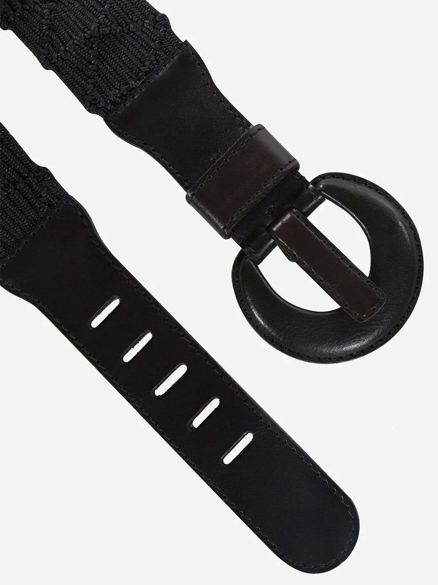 Close-up of a Gavazzeni Naxos Black Elastic Belt with an oval buckle, showcasing its genuine Norway leather and multiple adjustment holes.