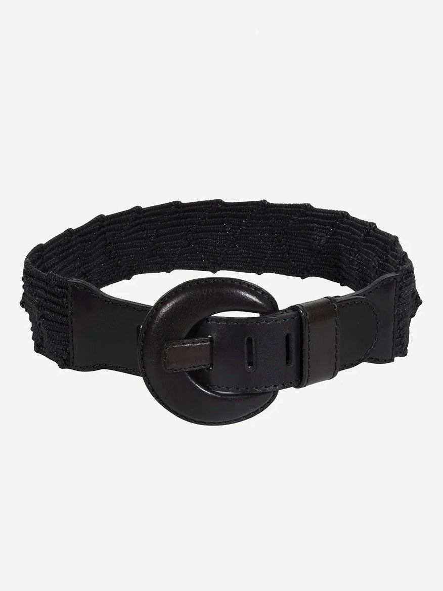 A Gavazzeni Naxos Black Elastic Belt with a large circular buckle and genuine Norway leather accents on the ends, featuring a subtle diamond pattern, displayed against a white background.