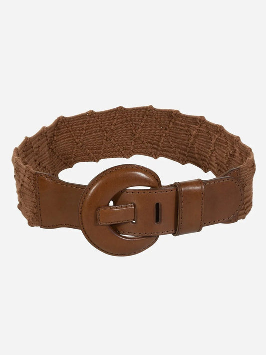 Brown Gavazzeni Naxos Saddle Elastic Belt with genuine leather buckle on a white background.