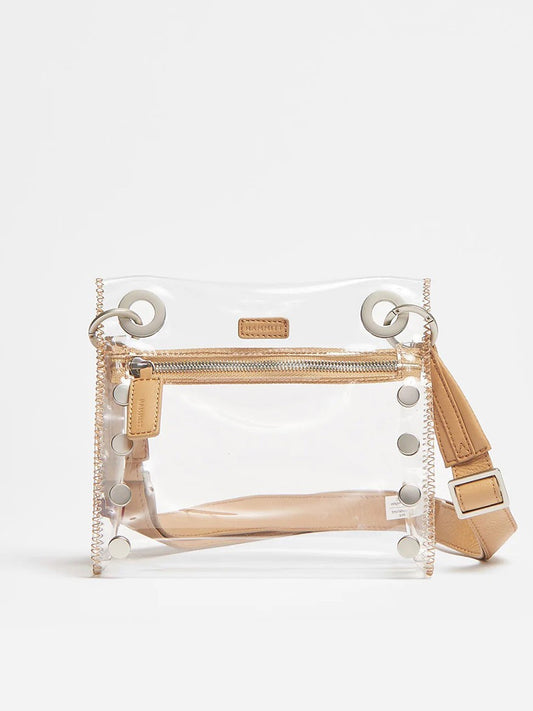 Hammitt Los Angeles Tony Small Crossbody Bag in Clear Toast Tan with tan accents and zipper details, displayed against a light background.