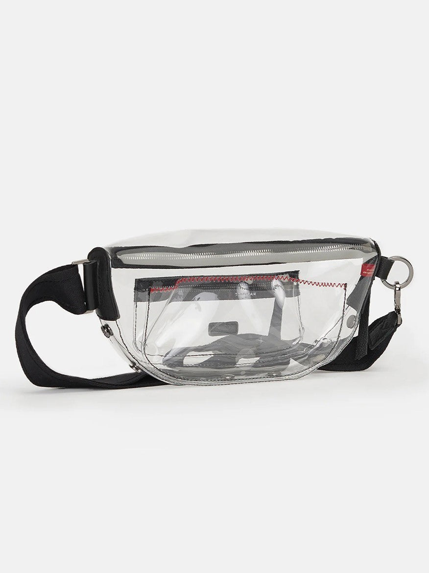 Hammitt Los Angeles Charles Crossbody Clear in Black stadium-approved fanny pack with black straps on a white background.