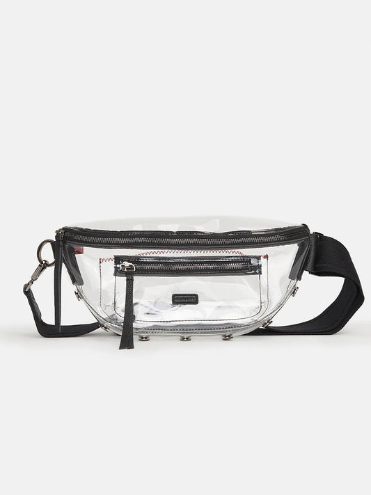 Stadium-approved Hammitt Los Angeles Charles Crossbody Clear in Black with black straps against a white background.