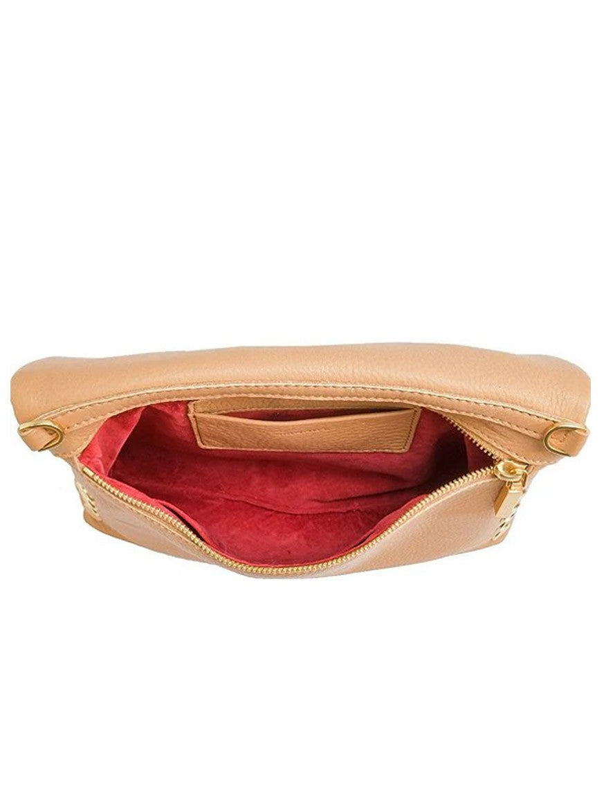 Open Hammitt Los Angeles VIP Medium Clutch in Toast Tan with red interior lining and a visible inner pocket, perfect for organization.