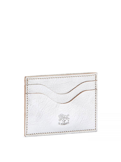 A Il Bisonte Baratti Card Case in Metallic Silver Leather wallet with a wavy design and embossed logo on a white background.