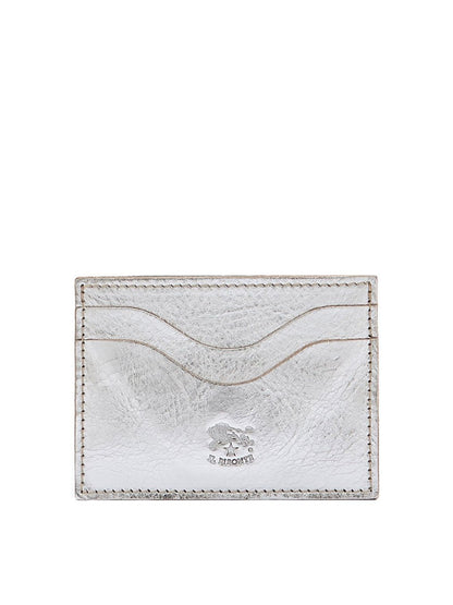Il Bisonte Baratti Card Case in Metallic Silver Leather card holder with a wave pattern and embossed brand logo, displayed against a white background.