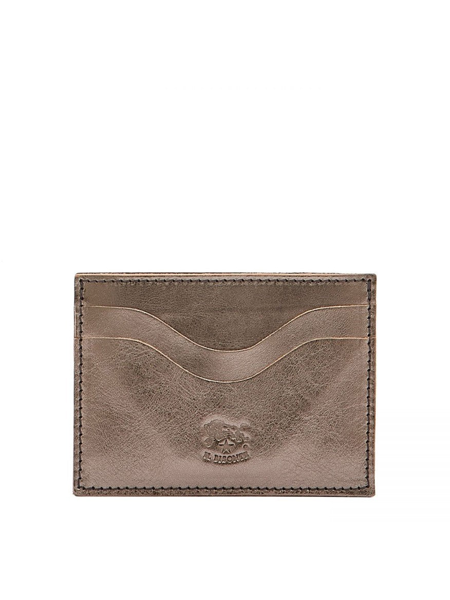 Il Bisonte Baratti Card Case in metallic bronze leather, featuring two card slots and an embossed Il Bisonte logo at the bottom center.