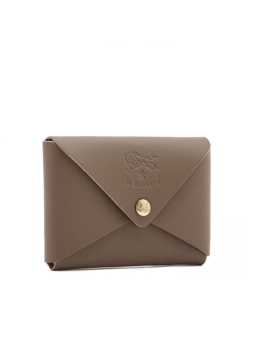 An Il Bisonte Sovana Card Case in Light Grey Cowhide Leather crafted from vegetable-tanned cowhide with a gold button closure and embossed Il Bisonte logo featuring a lion. It doubles as a sleek business card holder.