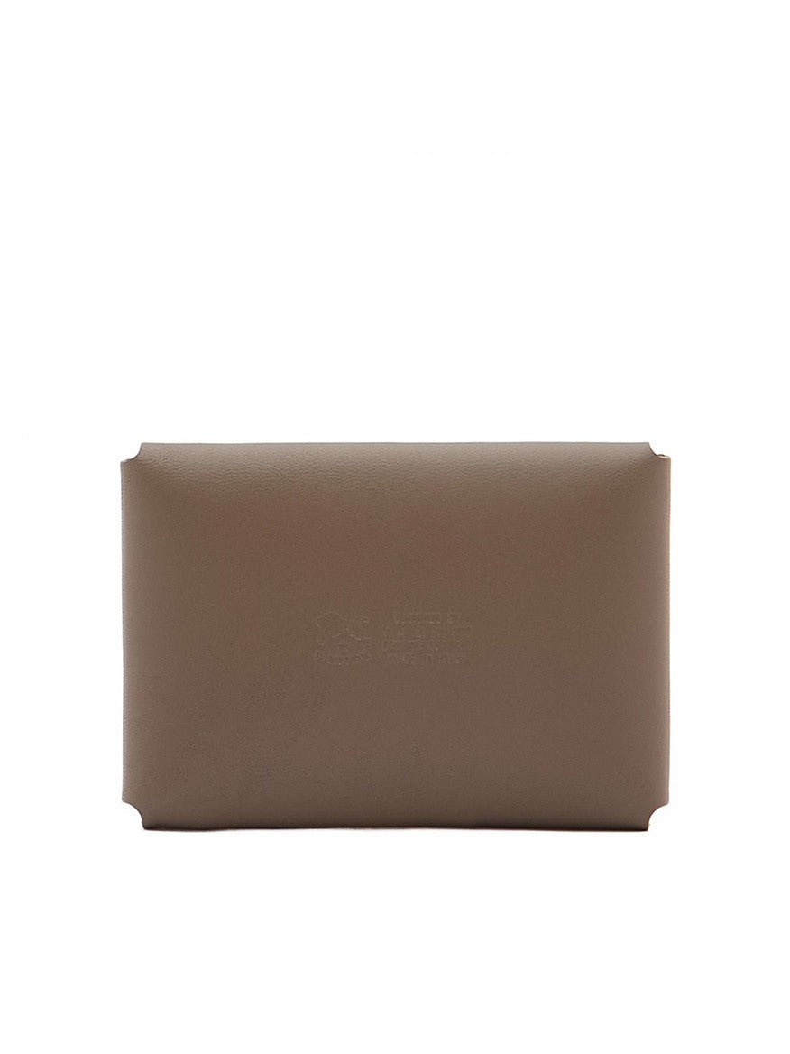 A rectangular, light grey leather business card holder with rounded edges crafted from vegetable tanned cowhide featuring a subtle embossed design in the center.
