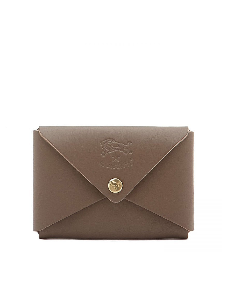 A brown leather envelope-style purse from Il Bisonte, crafted from vegetable tanned cowhide, featuring a gold snap closure and embossed logo on the front flap. It also doubles as a sleek business card holder.
Should be replaced with:
An Il Bisonte Sovana Card Case in Light Grey Cowhide Leather, featuring a gold snap closure and embossed logo on the front flap. It also doubles as a sleek business card holder.