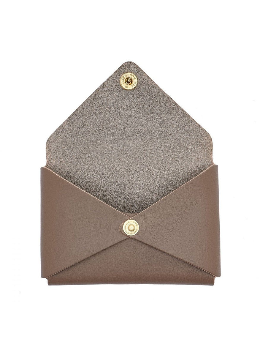 A small, light grey cowhide leather envelope-style wallet made from vegetable tanned cowhide by Il Bisonte is shown open, displaying its textured interior and convenient business card holder.
