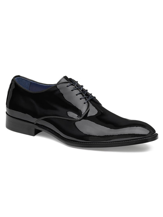 J & M Collection Kinser Plain Toe in Black Italian Patent Calfskin with an Italian upper, black laces, a low heel, and a polished finish on a white background.