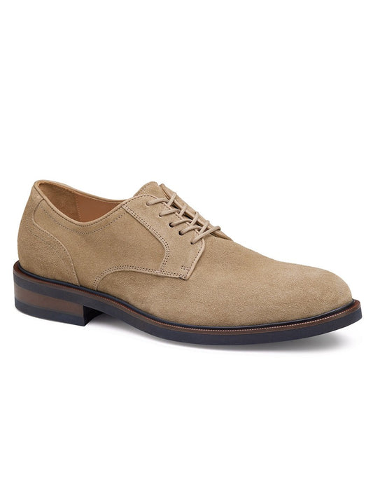 A single Hartley Plain Toe in Taupe Italian Suede Oxford shoe with a lace-up front and a low, dark Vibram EVA outsole isolated on a white background.