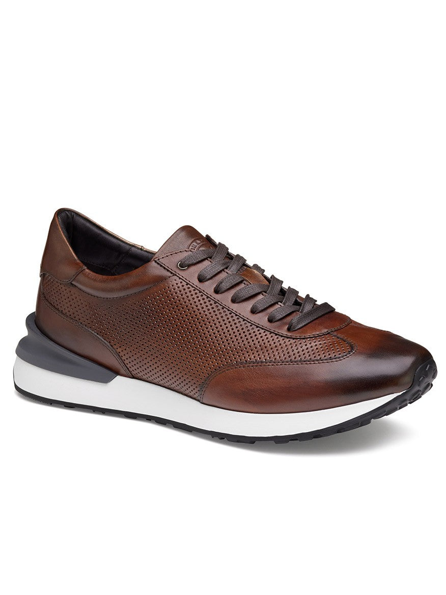 A J & M Collection Briggs Perfed U-Throat in Brown Italian Calfskin men's sneaker with perforated detailing and a white and black XL Extralight® EVA outsole.