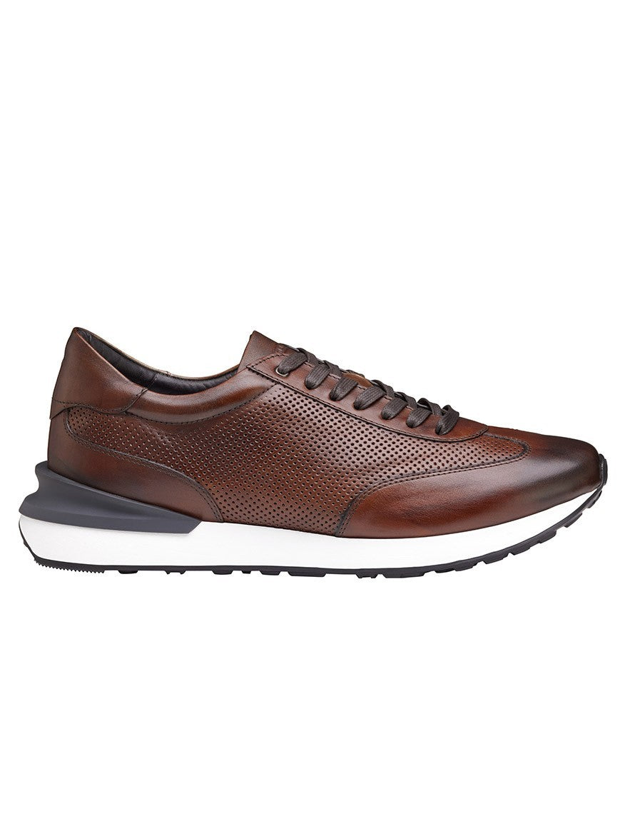 J & M Collection Briggs Perfed U-Throat in Brown Italian Calfskin men's sneaker with a white sole.