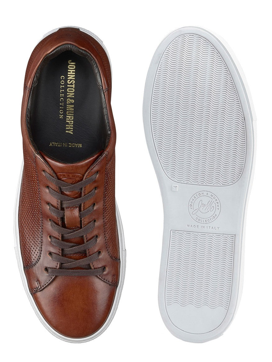 A pair of J & M Collection Jake Perfed Lace-To-Toe sneakers in Brown Italian Calfskin with white soles.