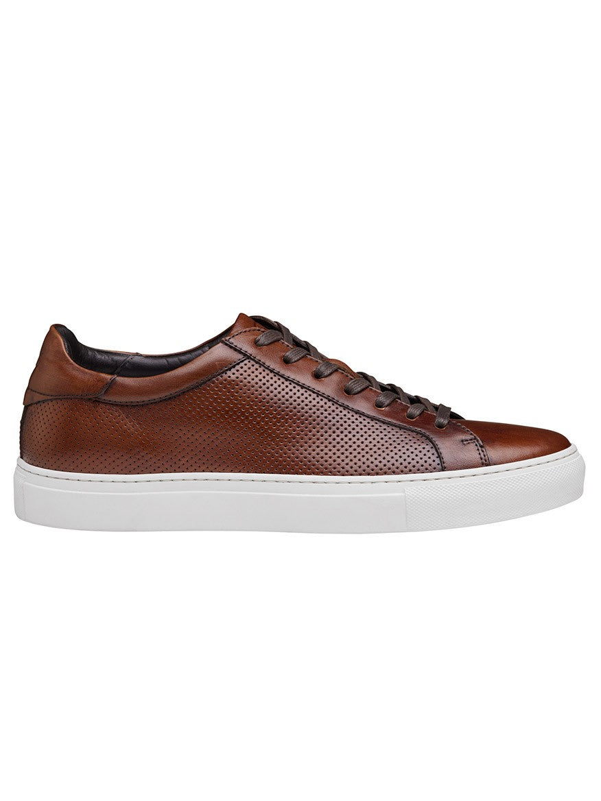 A J & M Collection Jake Perfed Lace-To-Toe in Brown Italian Calfskin men's hand-stained leather sneaker with white soles.