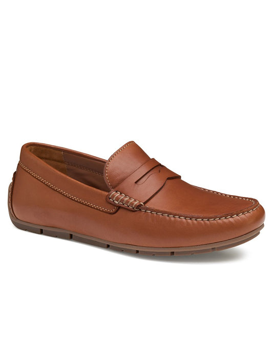 Men's J & M Collection Baldwin Driver Penny in Cognac Sheepskin with a white background.
