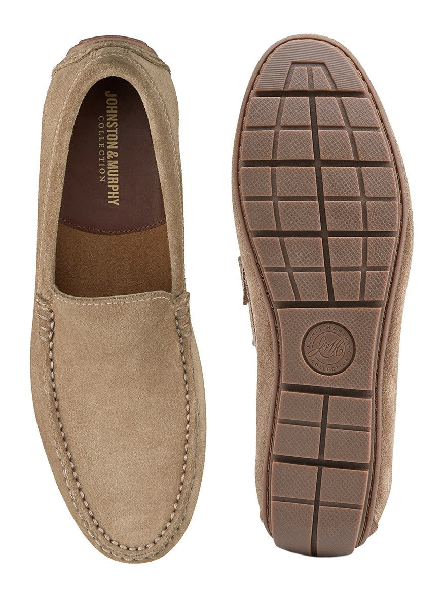 A pair of J & M Collection Baldwin Driver Penny loafers in Taupe English Suede with rubber soles displayed from a top and bottom perspective.