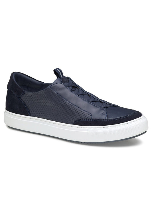 A J & M Collection Anson Stretch Lace-to-Toe Navy English Suede/Sheepskin men's navy leather sneaker with cushioning.