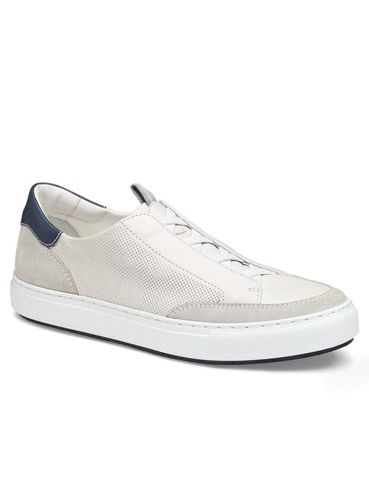 A J & M Collection Anson Stretch Lace-to-Toe White English Suede/Sheepskin men's slip on sneaker with leather lining for added cushioning.
