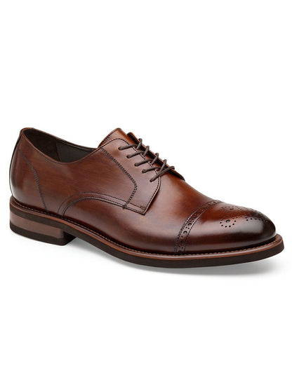 J & M Collection Ashford Cap Toe oxford shoe with brogue detailing in Brown Italian Calfskin on a white background.