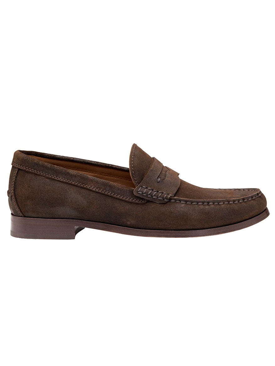 A J & M Collection Baldwin Penny in Brown Waxed English Suede, featuring a penny strap and stitching detail on the sides, with a leather lining and cushioned footbed for added comfort, set against a white background.
